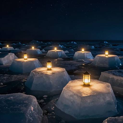 Photograph of glowing lanterns on icy icebergs in a dark, starry night ocean, casting warm light on the frosty surfaces.