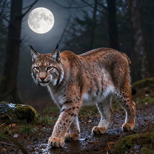 Photorealistic digital artwork of a lynx with tufted ears, amber eyes, and spotted fur, walking in a dark, misty forest