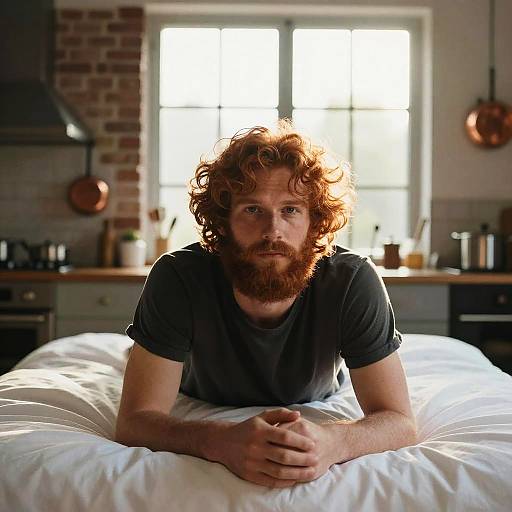 Photograph of a red-bearded man with curly hair, wearing a black t-shirt, lying on a white bed in a sunlit, modern kitchen