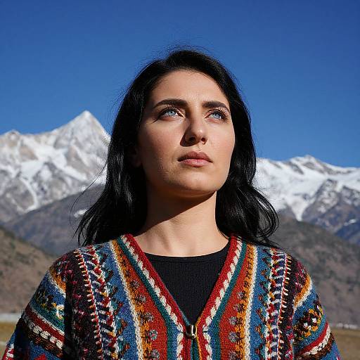 Photograph of a woman with long black hair, wearing a colorful, patterned sweater, gazing upward at snowy mountains under a clear blue sky.