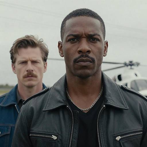 Intense Portrait of Two Men with Helicopter