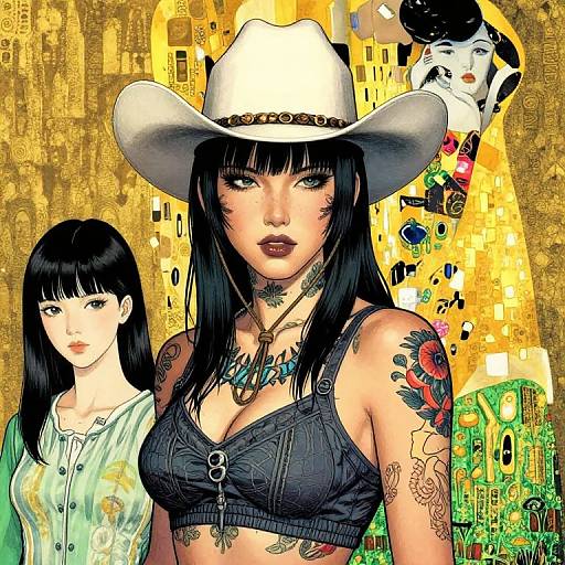 Digital artwork of a tattooed woman in a white cowboy hat, black crop top, and necklace, with two other women, against a golden, city