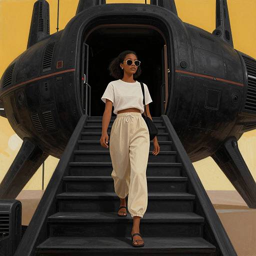 Photograph of a stylish Black woman with curly hair, wearing a white crop top, high-waisted cream pants, and sunglasses, descending black spaceship