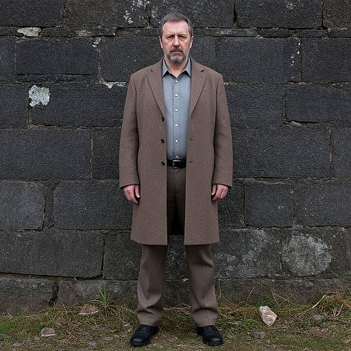 Photograph of middle-aged man with gray beard, wearing brown tweed coat, gray button-up shirt, and brown pants, standing against a dark,