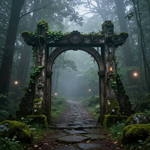 Mystical Torii Gate in Foggy Forest