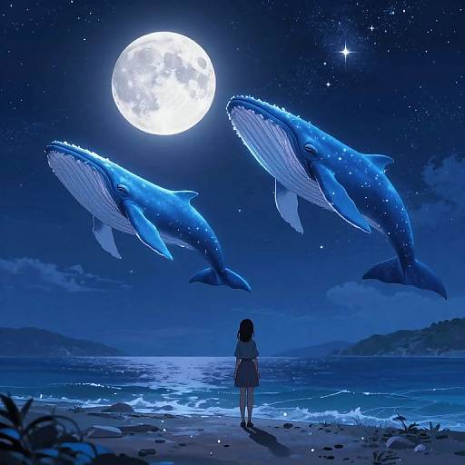 Girl Watching Glowing Whales Under Full Moon