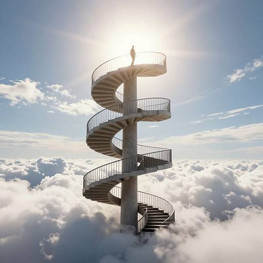 Photograph of a tall, spiral concrete tower with metal railings, standing on a cloud-covered mountain, bathed in bright sunlight.