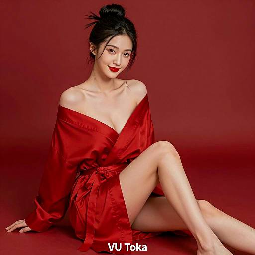 Asian Woman in Red Silk Robe
