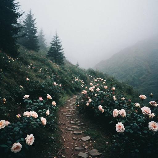 Foggy Mountain Path with Blooming Roses