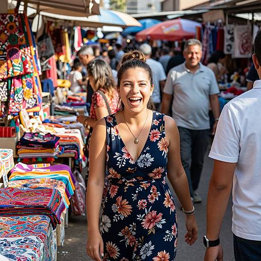 Photograph of a smiling woman in a floral dress, walking through a vibrant outdoor market, surrounded by colorful textiles and shoppers.