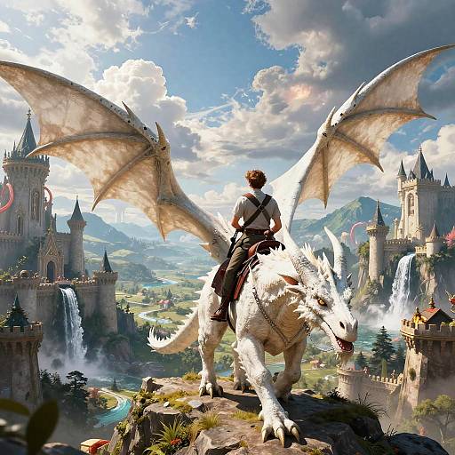 Digital fantasy artwork: A knight with brown hair, dressed in white and black armor, rides a white dragon with large wings, overlooking a sunlit,