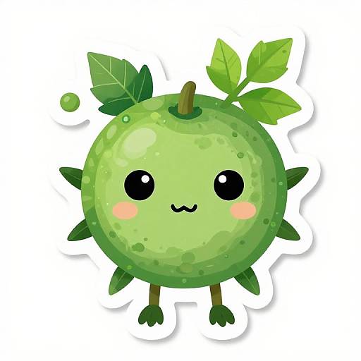 Cute digital illustration of a green, round, fruit-shaped character with black eyes, pink cheeks, a small brown stem, two leaves, and tiny