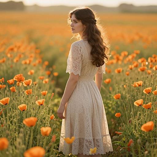 Photograph of a young woman with long, wavy brown hair, wearing a lace, cream-colored dress, standing in a vibrant orange poppy field