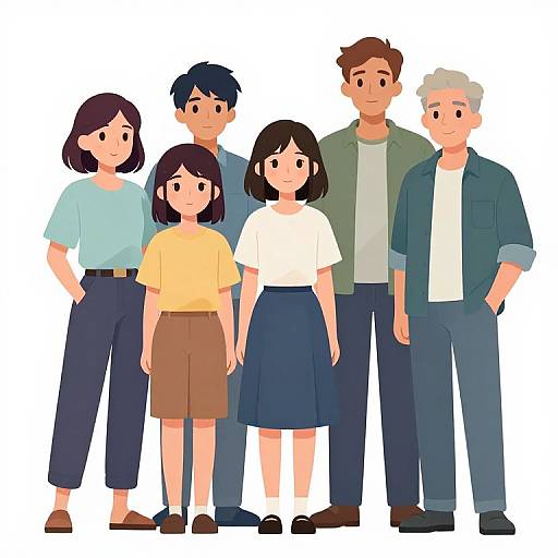Digital illustration of a diverse family with five members, standing together, wearing casual clothes, against a plain white background.