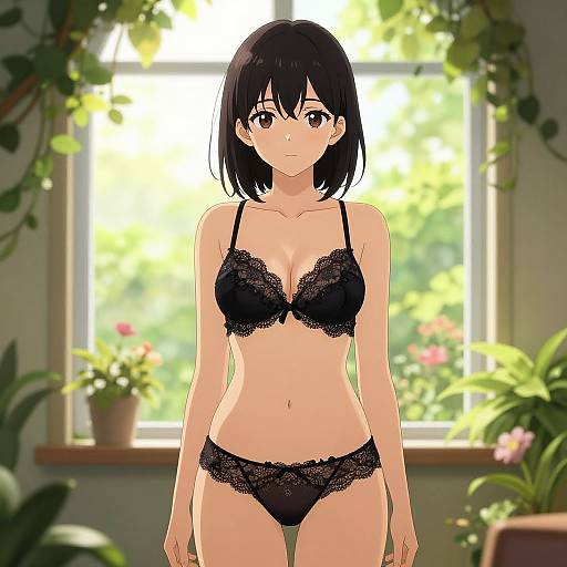 Anime-style digital illustration of a shy, black-haired woman with fair skin, wearing black lace lingerie, standing in a sunlit room with potted plants