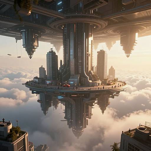CGI digital artwork of a futuristic floating city with towering skyscrapers, illuminated by sunset, surrounded by fluffy clouds, and small red vehicle on the
