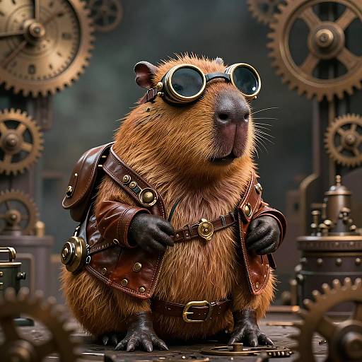 Steampunk anthropomorphic rat with brown fur, wearing leather straps, brass goggles, and a brown vest, standing amidst large gears. Digital artwork.