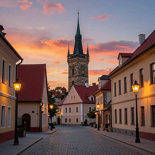 Photograph of a quaint European street at sunset, featuring a tall stone tower with a pointed spire, illuminated by warm street lamps, surrounded by charming