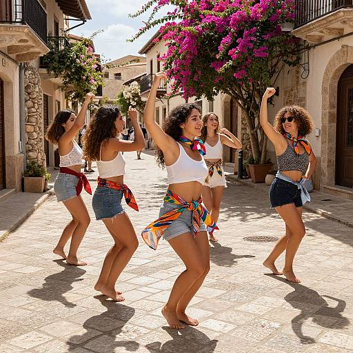 Five women dancing in a sunlit, cobblestone Mediterranean alley, wearing white tops, denim shorts, colorful scarves, and sunglasses, with vibrant