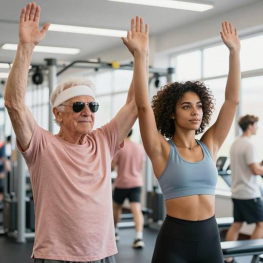 Elderly Man and Young Woman Celebrating in Gym