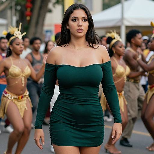 Photograph of a curvy, dark-haired woman in a green off-shoulder dress standing amidst a parade of gold-clad, crown-wearing