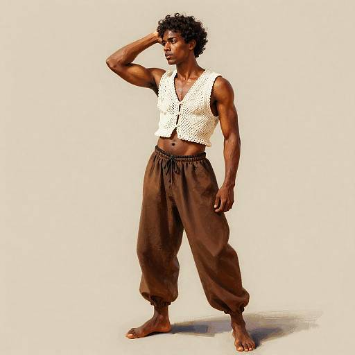 Muscular Man in Crocheted Vest and Baggy Pants