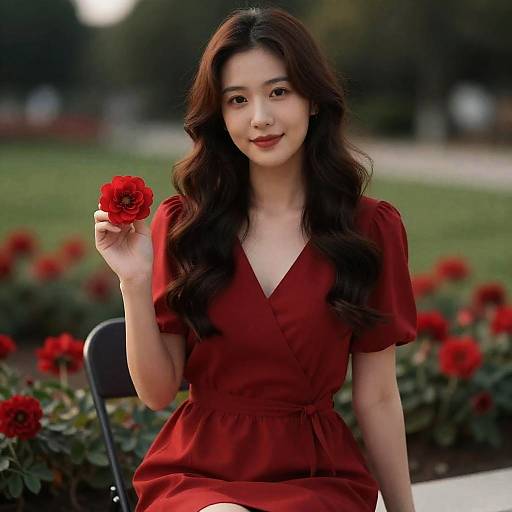 Elegant Woman in Red Dress Among Flowers