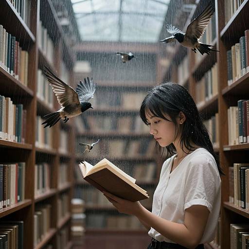 Photograph of an Asian woman with black hair reading a book in a rain-filled library aisle, surrounded by three flying birds.