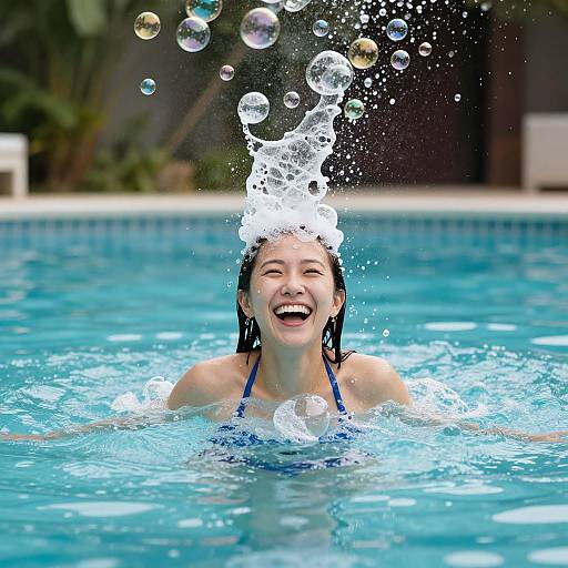 Photograph of a smiling Asian woman in a blue swimsuit, splashing water on her head, bubbles rising above her in a clear blue pool.