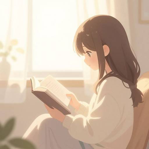 Digital anime-style drawing of a young girl with long black hair, wearing a white blouse, sitting in sunlight, reading a book.