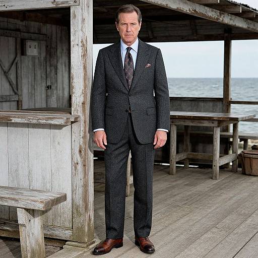 Photograph of a middle-aged white man in a dark pinstripe suit, white shirt, and brown tie, standing on a rustic wooden pier by