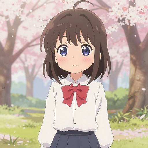 Anime-style drawing of a young girl with short black hair, blue eyes, wearing a white shirt with a red bow, and a navy skirt, standing