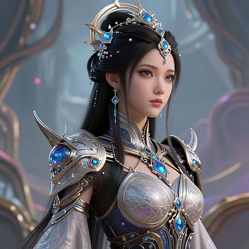 Digital art of an elegant, fair-skinned Asian woman with long black hair, wearing intricate silver armor adorned with blue gems, set against a futuristic,