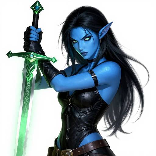 Digital artwork of a blue-skinned, long-haired elf woman with pointed ears, holding a glowing green sword, wearing black leather armor.