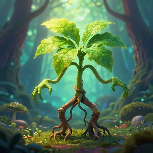 Digital art of a whimsical, plant-like creature with green leaves for arms and roots for legs, glowing in a magical forest.