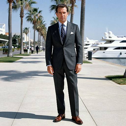 Confident Man in Pinstripe Suit on Promenade