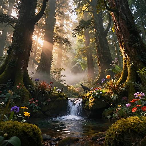 Photorealistic forest scene with sunlight filtering through tall trees, a small waterfall, lush moss-covered rocks, vibrant flowers, and a bird perched on