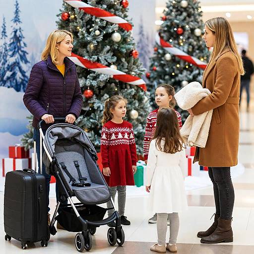 Women and Children Talking Near Christmas Decorations in Mall
