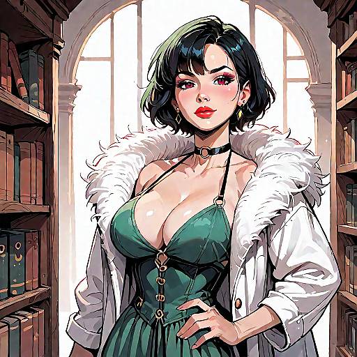 Seductive Anime Woman in Green Dress with Fur Coat