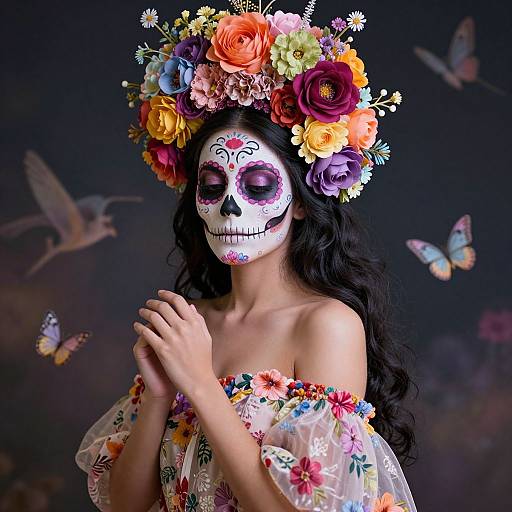 Photograph of a woman with a colorful flower crown, skeletal face paint, and floral off-shoulder dress, surrounded by butterflies.