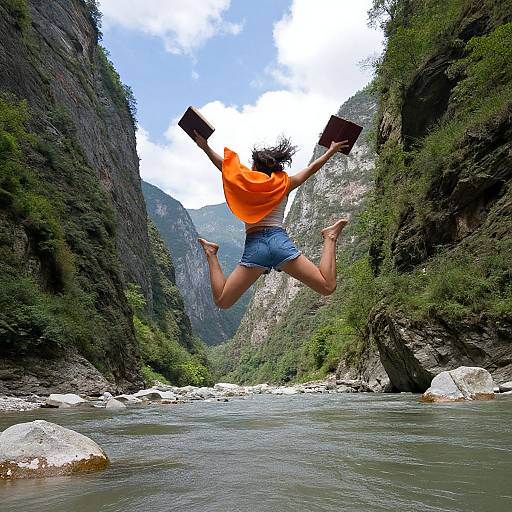 Photograph of a woman with curly hair, orange shirt, and denim shorts, jumping joyfully over a river between steep, green mountains. She holds