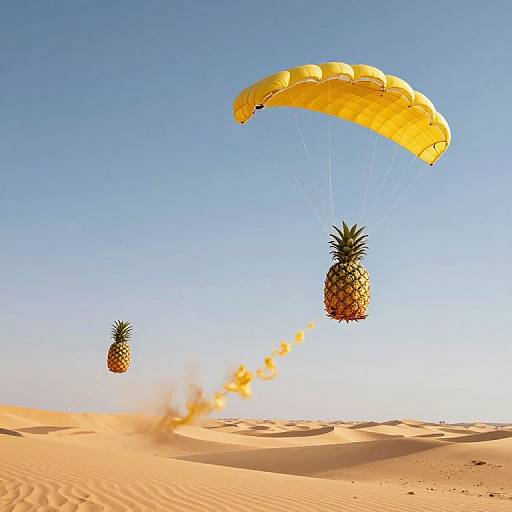 Photograph of two pineapples parachuting over a sunny, sandy desert with clear blue sky, trailing orange smoke from one parachute.