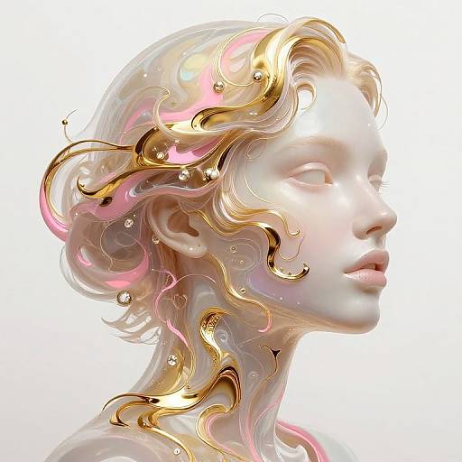 Digital artwork of a serene, ethereal woman with flowing, golden, pink, and white hair tendrils, set against a white background. Her face