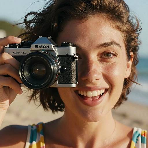 Sunlit Smiling Woman on Beach