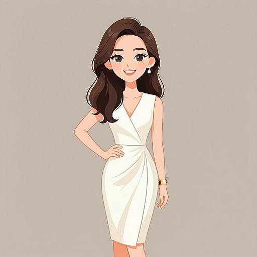 Digital illustration of a smiling woman with long dark hair, wearing a white sleeveless wrap dress, gold bracelet, and earrings, standing against a plain grey