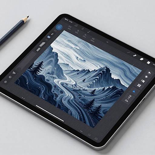 Photograph of a black tablet displaying a blue and white abstract mountain landscape, with a pencil beside it on a white surface.