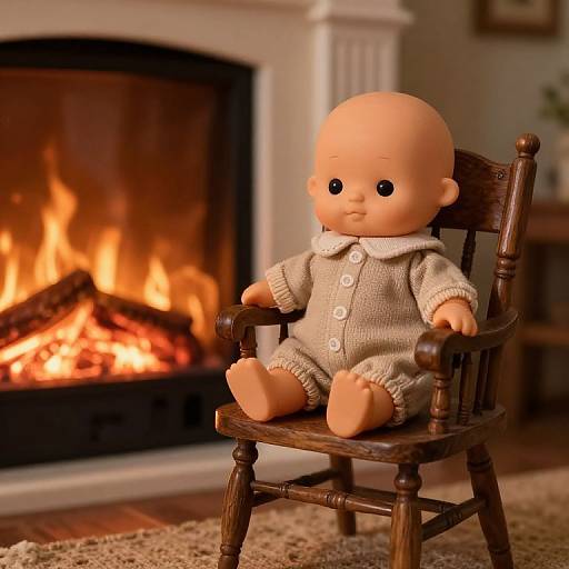 Boby Doll on Vintage Chair by Fireplace