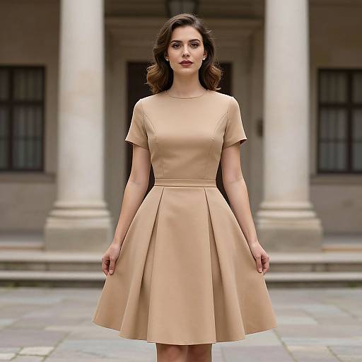Photograph of a young woman with wavy brown hair, wearing a beige short-sleeve, knee-length A-line dress, standing in front of