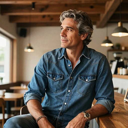 Photograph of a middle-aged man with gray hair, wearing a blue denim shirt, sitting at a wooden cafe counter, looking thoughtfully to the side