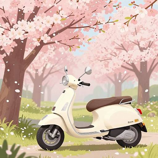 Vespa Scooter Amid Cherry Blossoms